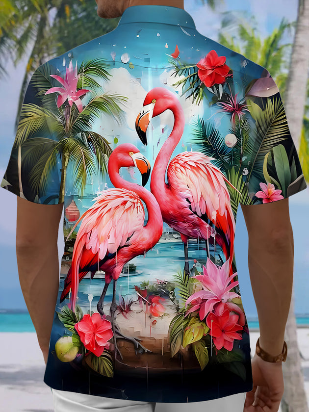 Men's Hawaiian flamingo floral short sleeve shirt back view
