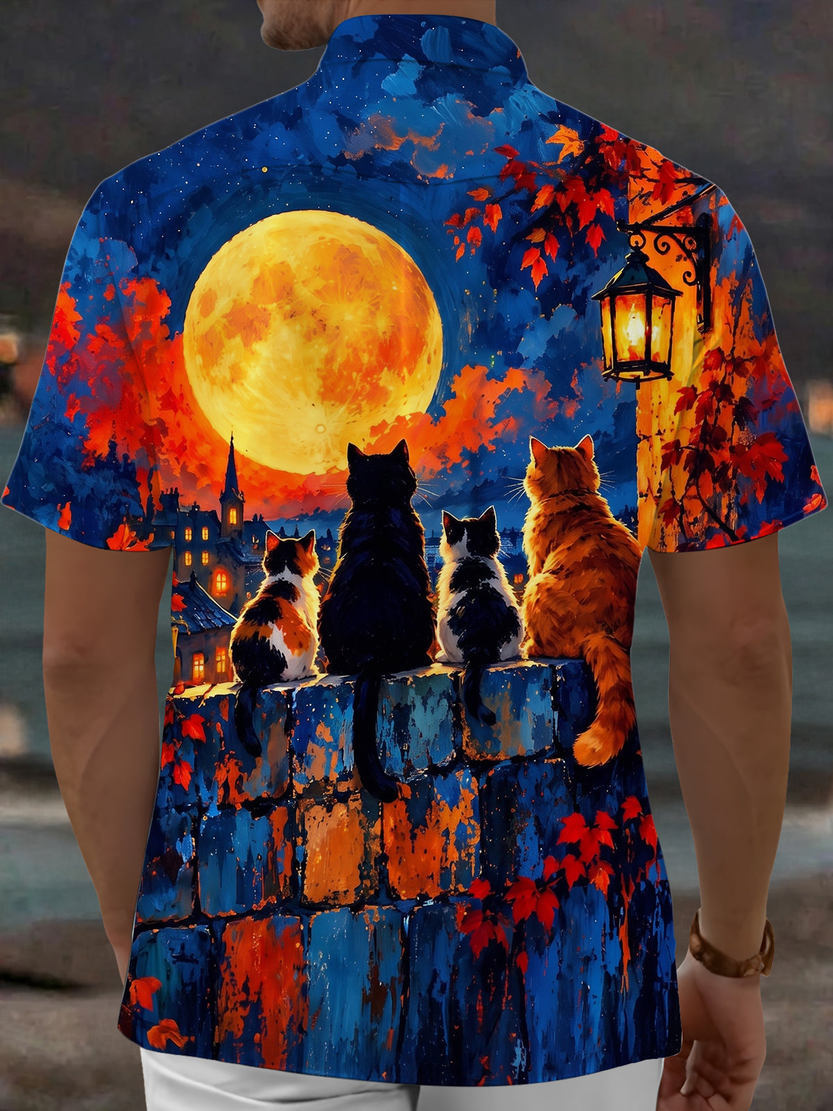 Adaychic Men's Short Sleeve Shirt - Cats On Wall With Moon And Autumn Leaves Print with Chest Pocket