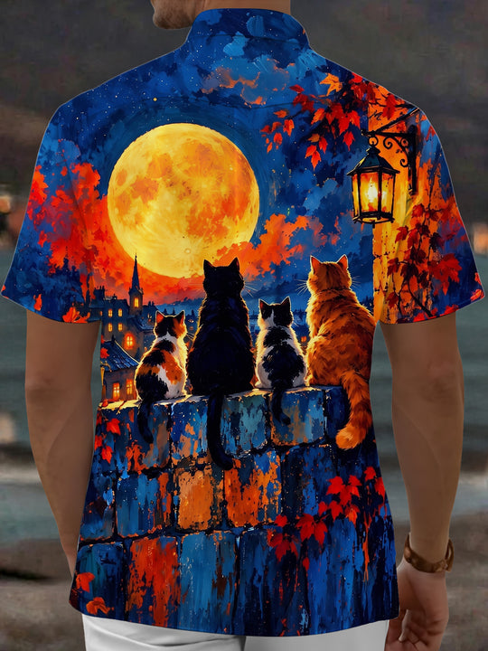 Adaychic Men's Short Sleeve Shirt - Cats On Wall With Moon And Autumn Leaves Print with Chest Pocket