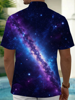 Adaychic Men's Hawaiian Galaxy Nebula And Stars Print Short Sleeve Shirt with Chest Pocket