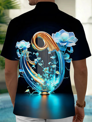 Adaychic Men's Graphic Neon Crystal Harp Print Short Sleeve Shirt with Chest Pocket