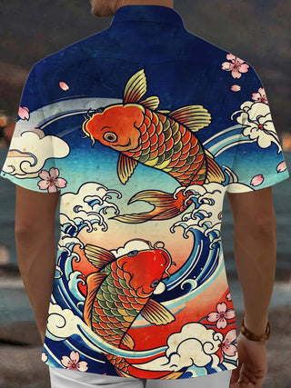 Adaychic Men's Hawaiian Koi Fish Print Ocean Waves Print Short Sleeve Shirt with Chest Pocket