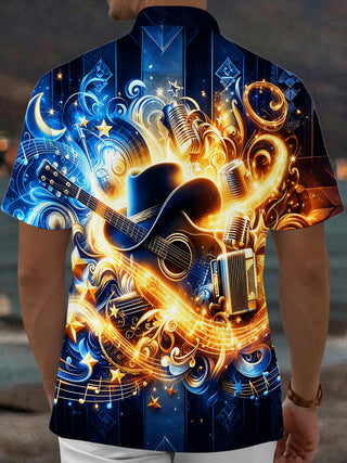 Adaychic Men's Printed Country Music Instruments Print Short Sleeve Shirt with Chest Pocket