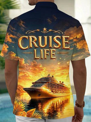 Adaychic Men's Graphic Cruise Life Ship Sunset Print Short Sleeve Button Down Shirt with Chest Pocket