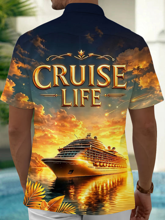 Adaychic Men's Graphic Cruise Life Ship Sunset Print Short Sleeve Button Down Shirt with Chest Pocket