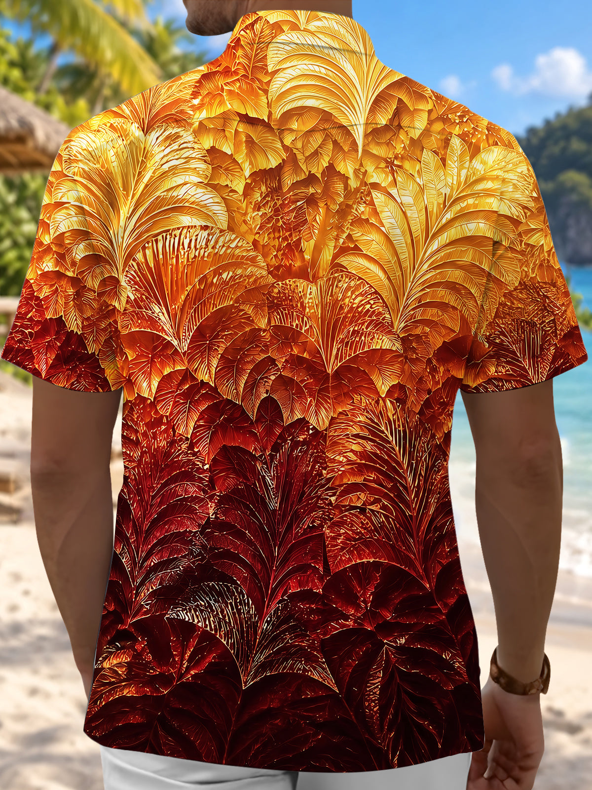 Adaychic Men's Hawaiian Autumn Leaf Pattern Short Sleeve Shirt with Chest Pocket