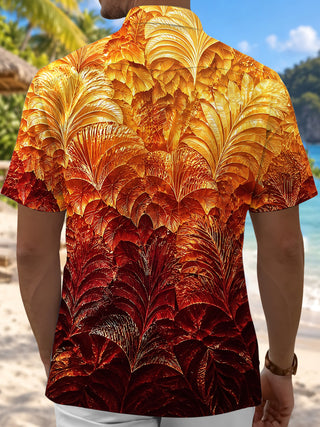 Adaychic Men's Hawaiian Autumn Leaf Pattern Short Sleeve Shirt with Chest Pocket