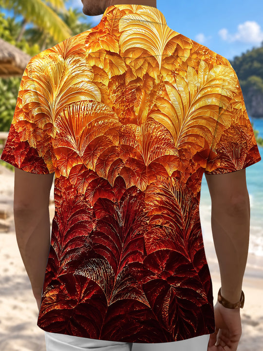 Adaychic Men's Hawaiian Autumn Leaf Pattern Short Sleeve Shirt with Chest Pocket