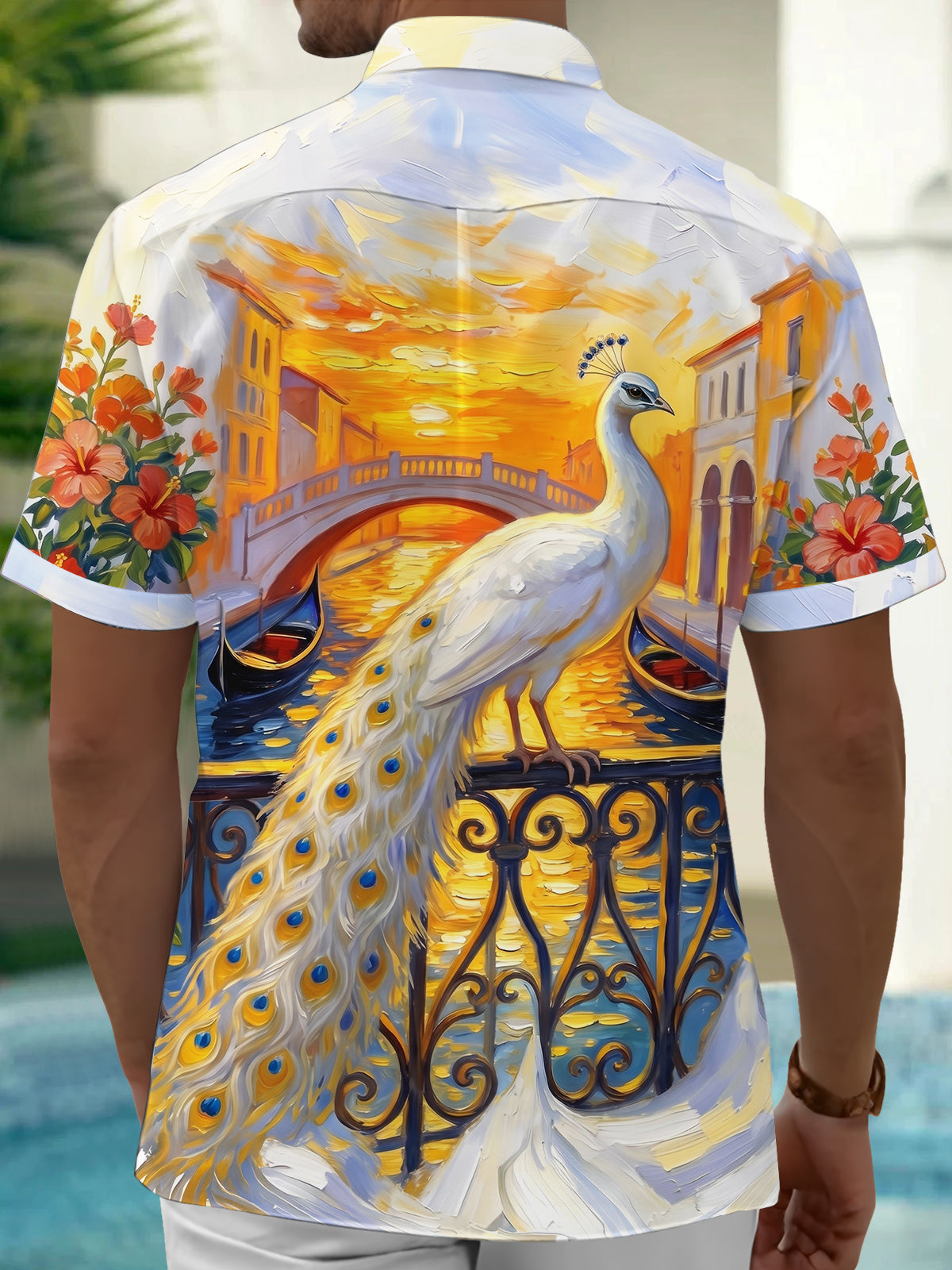 Adaychic Men's White Peacock And Venice Canal Scene Print Short Sleeve Shirt with Chest Pocket