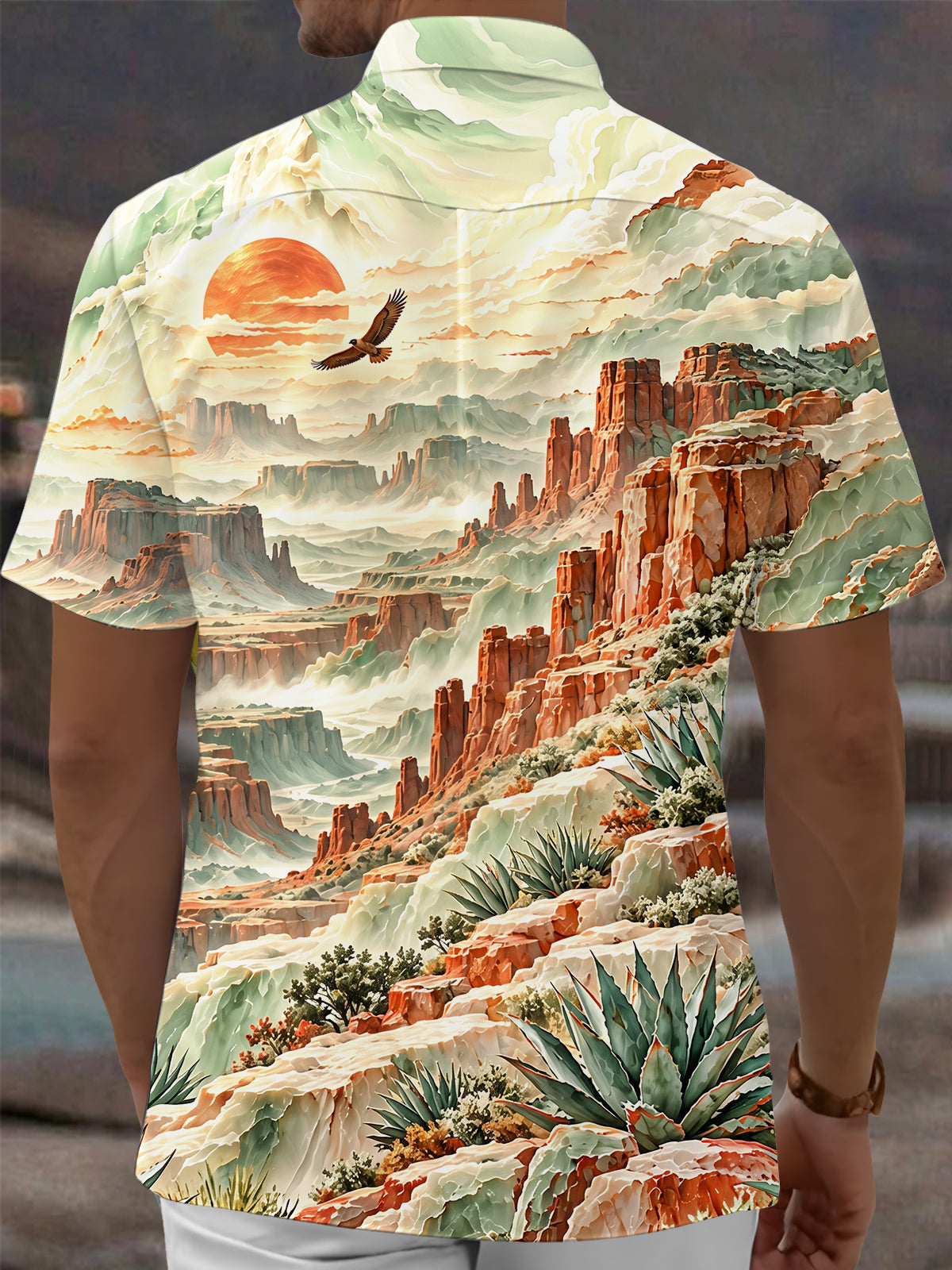Adaychic Men's Short Sleeve Shirt - Desert Landscape With Red Rock Canyons And Agave Plants Print with Chest Pocket