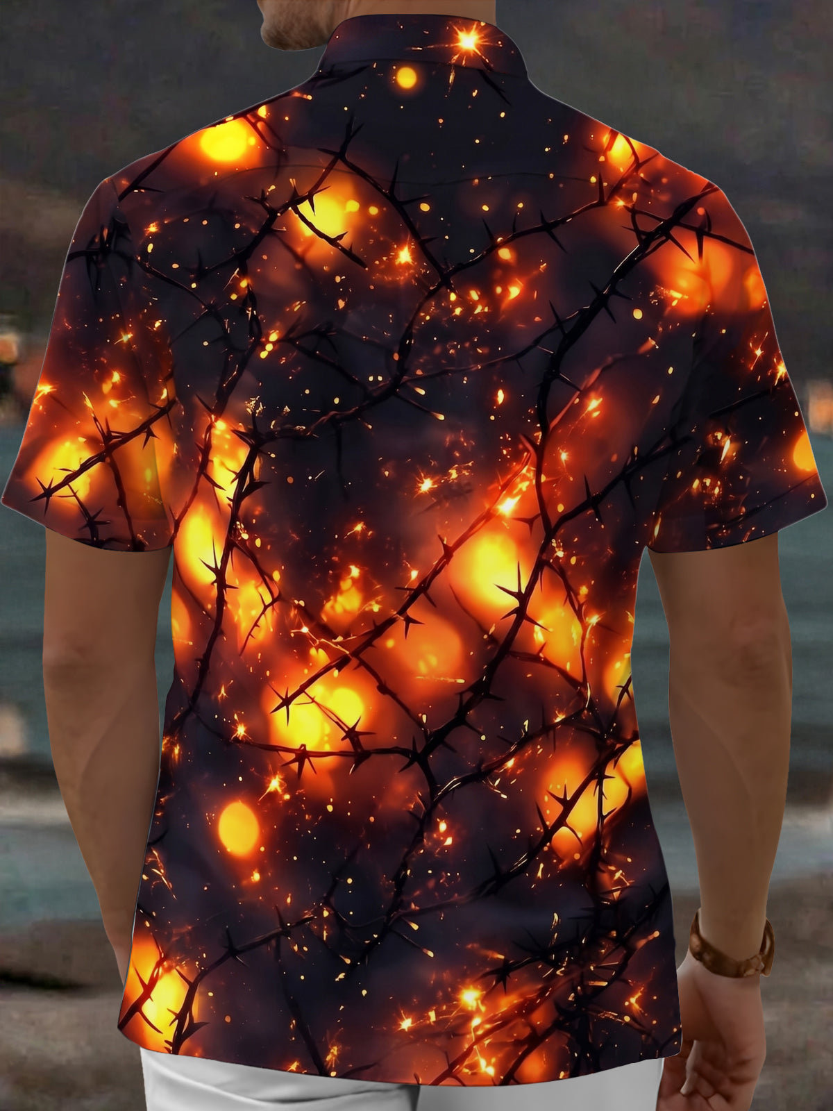 Adaychic Men's Printed Thorn Branches Print Short Sleeve Shirt with Chest Pocket