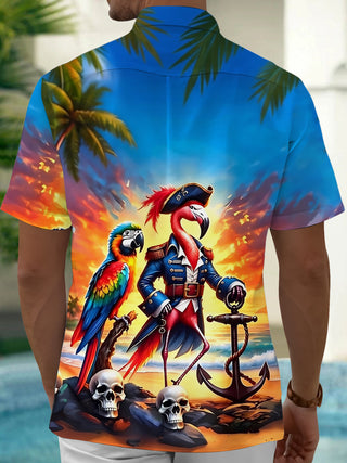 Adaychic Men's Hawaiian Pirate Flamingo Print Parrot Print Short Sleeve Shirt with Chest Pocket