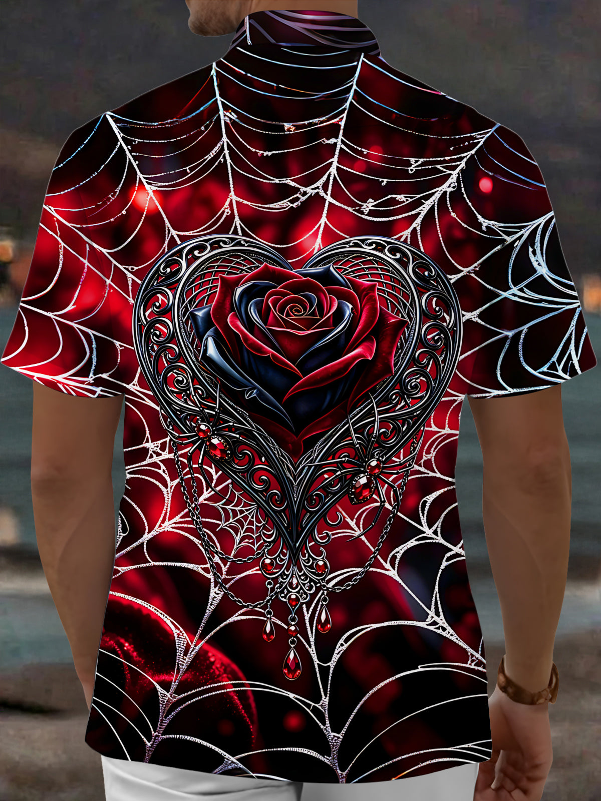 Adaychic Men's Graphic Spider Web Print Red Rose Heart Print Short Sleeve Shirt with Chest Pocket