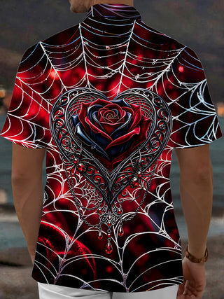Adaychic Men's Graphic Spider Web Print Red Rose Heart Print Short Sleeve Shirt with Chest Pocket