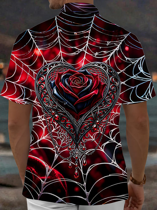 Adaychic Men's Graphic Spider Web Print Red Rose Heart Print Short Sleeve Shirt with Chest Pocket