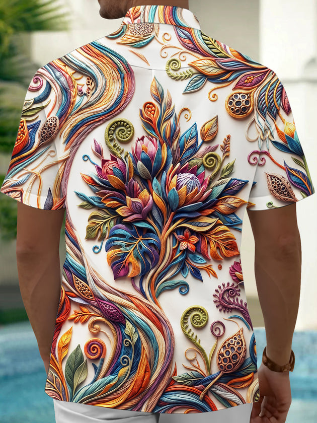 Adaychic Men's Short Sleeve Shirt - 3D Twisted Floral Leaves And Plant Motifs Print with Chest Pocket