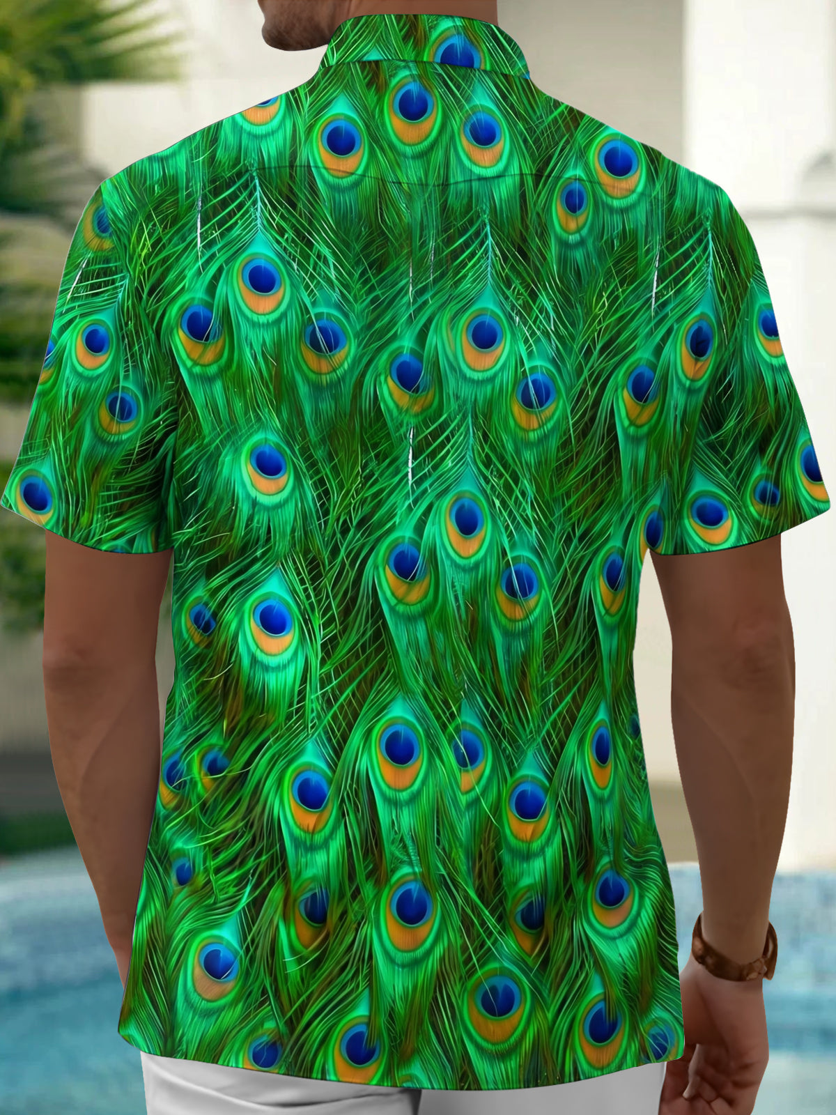 Adaychic Men's Tropical Peacock Feather Print Short Sleeve Shirt with Chest Pocket