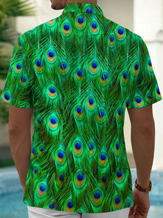 Adaychic Men's Tropical Peacock Feather Print Short Sleeve Shirt with Chest Pocket
