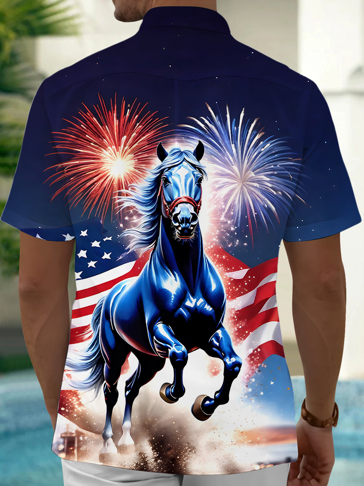 Independence Day Fireworks Horse Men's Pocket Short Sleeve Shirts