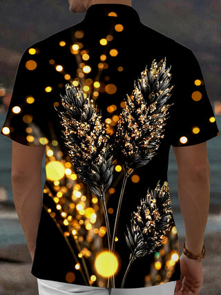 Adaychic Men's Graphic Golden Wheat Ears Print Short Sleeve Shirt with Chest Pocket