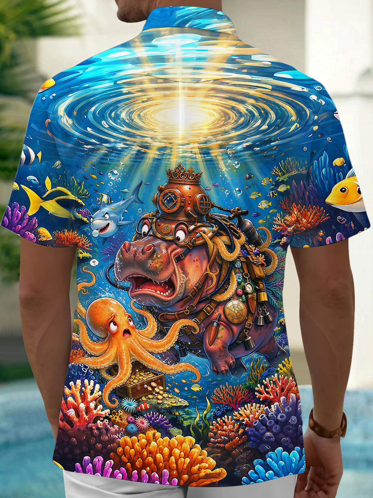 Adaychic Men's Short Sleeve Shirt - Steampunk Hippo And Octopus Underwater Scene Print with Chest Pocket