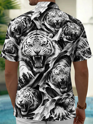Adaychic Men's Hawaiian White Tiger Print Short Sleeve Shirt