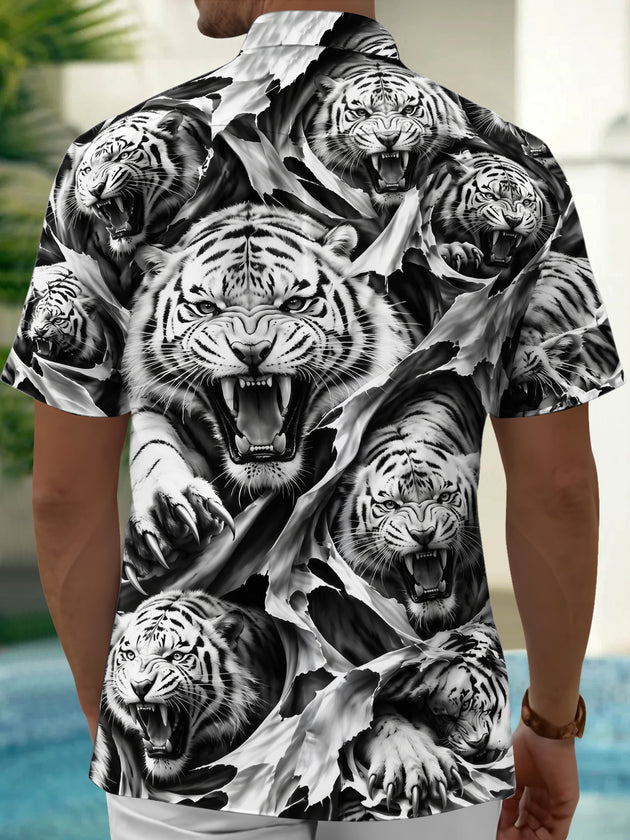 Adaychic Men's Hawaiian Pattern Print Short Sleeve Shirt with Chest Pocket