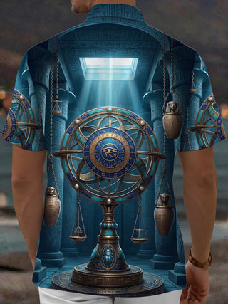 Adaychic Men's 3D Ancient Egyptian Armillary Sphere Print Short Sleeve Shirt with Chest Pocket