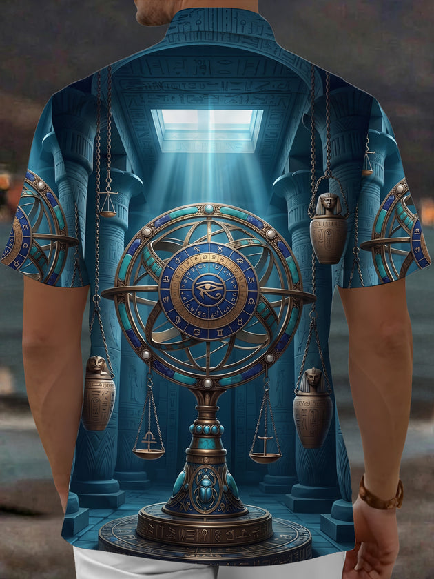 Adaychic Men's 3D Ancient Egyptian Armillary Sphere Print Short Sleeve Shirt with Chest Pocket