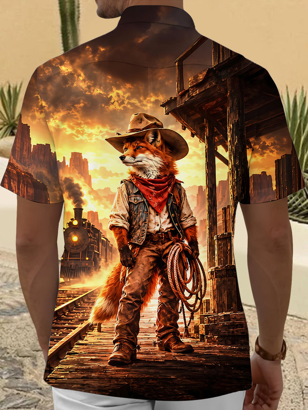 Adaychic Men's Printed Western Cowboy Fox Print Short Sleeve Shirt with Chest Pocket