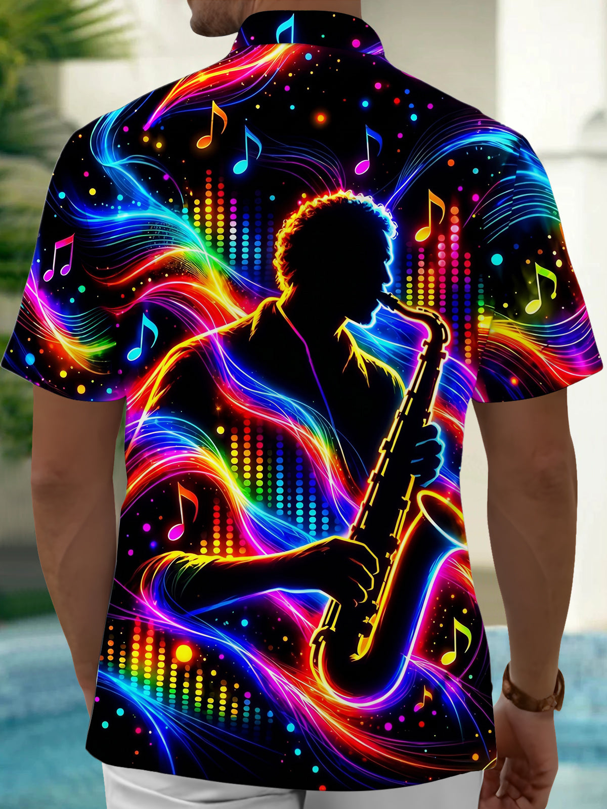 Adaychic Men's Neon Saxophone Player And Music Notes Print Short Sleeve Shirt with Chest Pocket