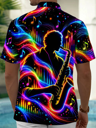 Adaychic Men's Neon Saxophone Player And Music Notes Print Short Sleeve Shirt with Chest Pocket