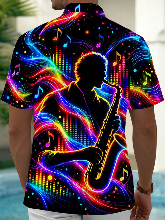 Adaychic Men's Neon Saxophone Player And Music Notes Print Short Sleeve Shirt with Chest Pocket