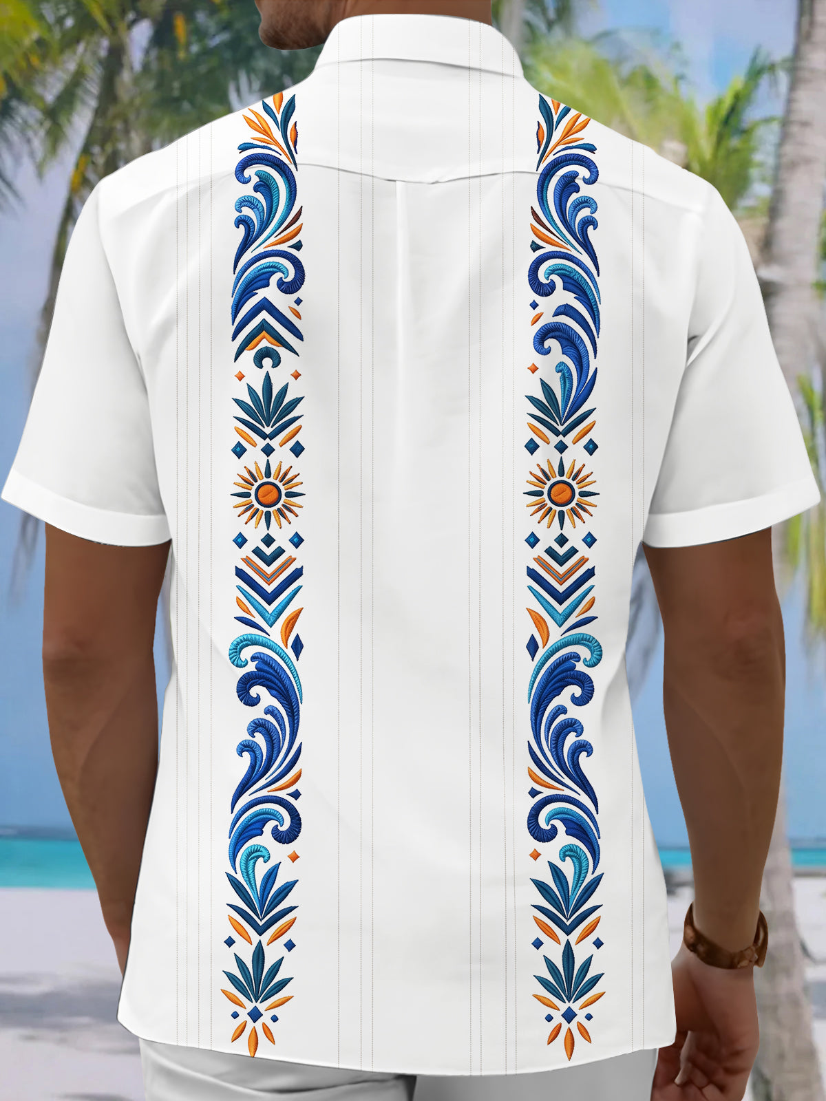 Adaychic Men's Geometric Floral And Sunburst Pattern Short Sleeve Shirt with Chest Pocket