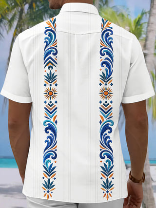 Adaychic Men's Geometric Floral And Sunburst Pattern Short Sleeve Shirt with Chest Pocket