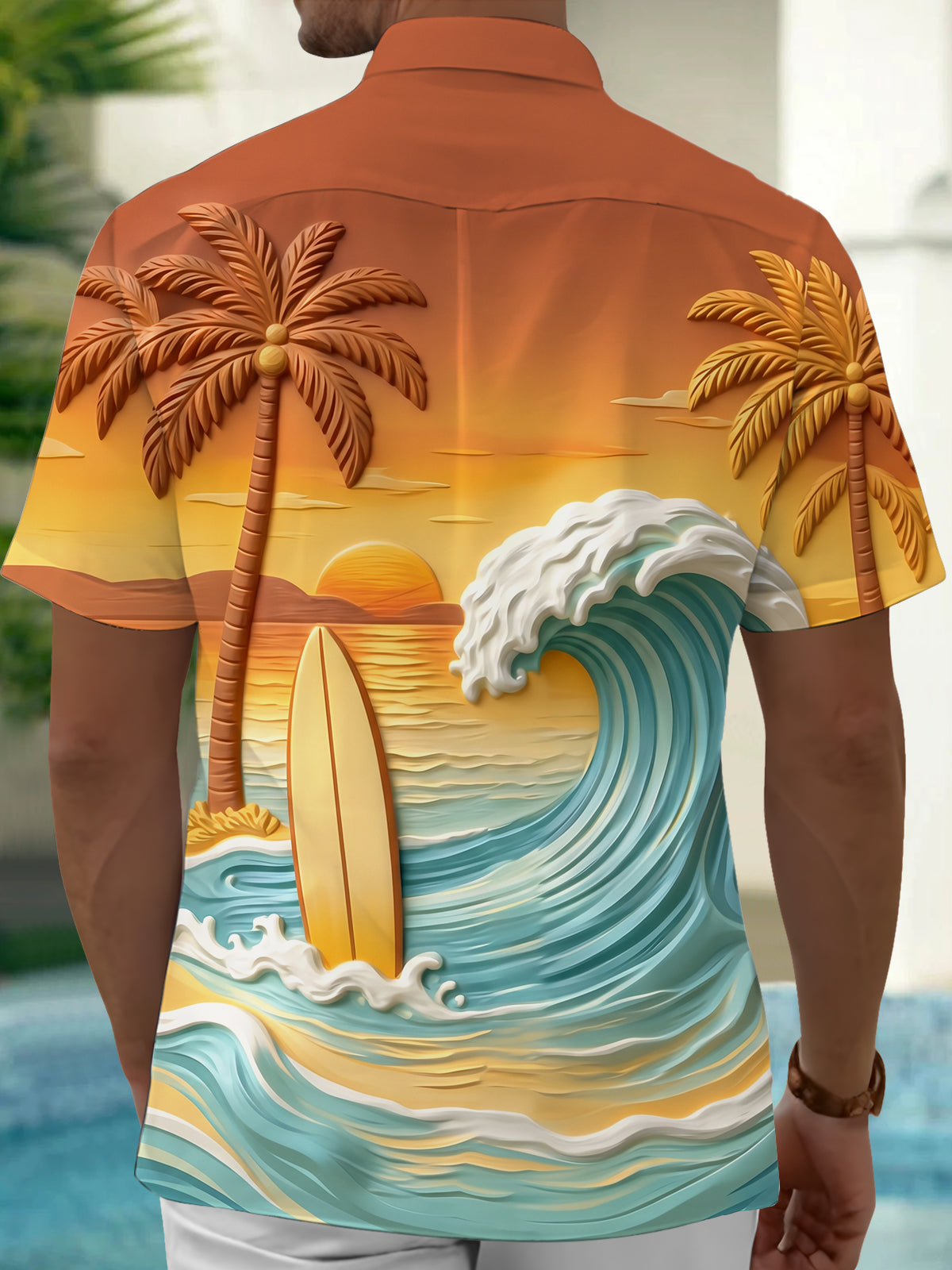 Adaychic Men's Palm Tree And Surfboard Sunset Wave Print Short Sleeve Shirt with Chest Pocket