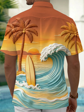 Adaychic Men's Palm Tree And Surfboard Sunset Wave Print Short Sleeve Shirt with Chest Pocket