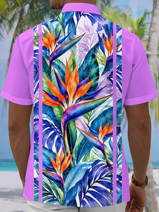 Adaychic Men's Short Sleeve Shirt - Bird Of Paradise Flowers And Tropical Leaves Print with Chest Pocket