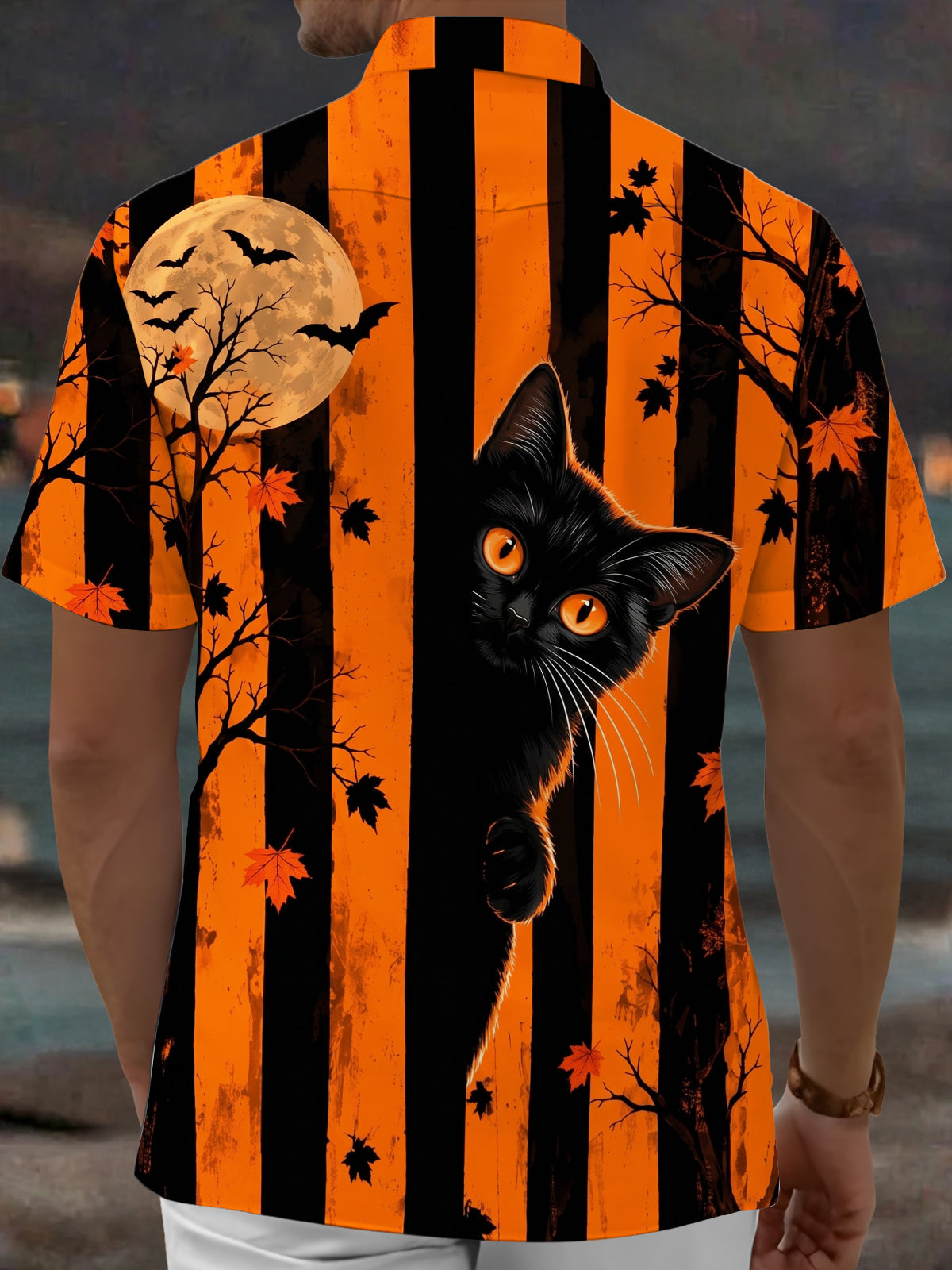 Adaychic Men's Black Cat And Halloween Moon With Bats Print Short Sleeve Shirt with Chest Pocket