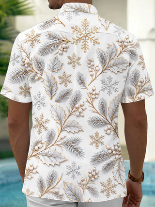 Adaychic Men's Winter Snowflakes And Winter Leaves Print Short Sleeve Shirt with Chest Pocket