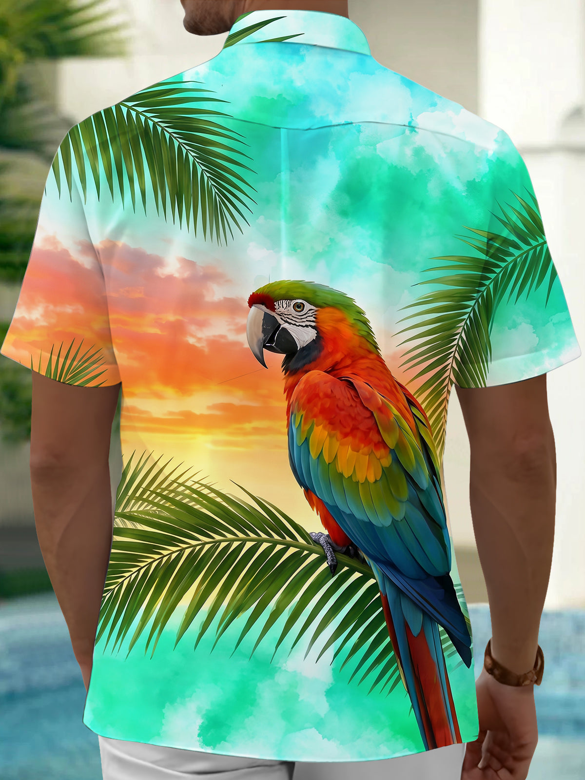 Adaychic Men's Hawaiian Parrot And Palm Leaf Sunset Print Short Sleeve Shirt with Chest Pocket