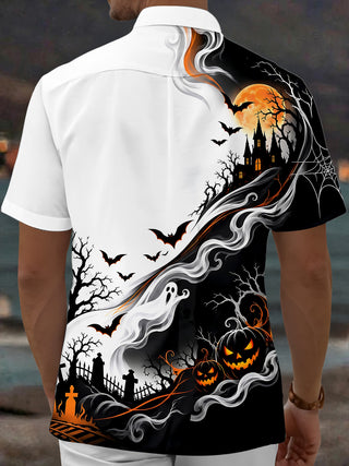 Adaychic Men's Graphic Halloween Ghosts And Pumpkins Print Short Sleeve Shirt with Chest Pocket