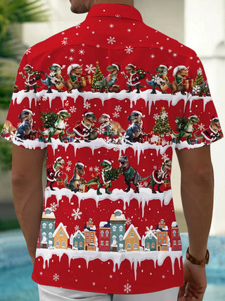 Adaychic Men's Hawaiian Christmas Dinosaur Print Short Sleeve Shirt with Chest Pocket