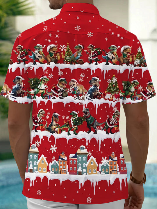 Adaychic Men's Hawaiian Christmas Dinosaur Print Short Sleeve Shirt with Chest Pocket