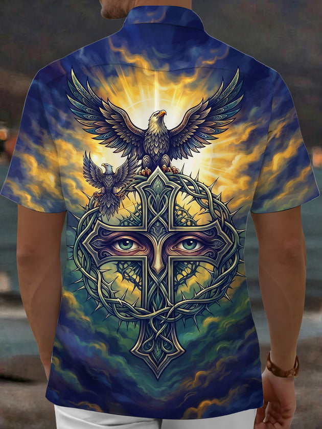 Adaychic Men's Eagles And Thorn Cross With Eyes Print Short Sleeve Shirt with Chest Pocket