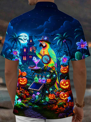 Adaychic Men's Short Sleeve Shirt - Halloween Parrot Playing Banjo And Pumpkins Print with Chest Pocket