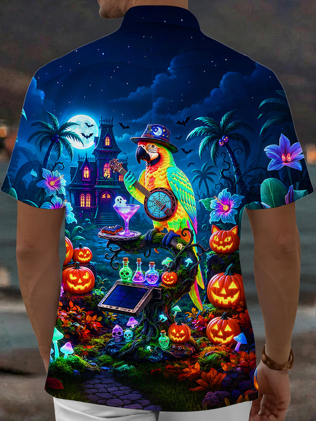 Adaychic Men's Short Sleeve Shirt - Halloween Parrot Playing Banjo And Pumpkins Print with Chest Pocket