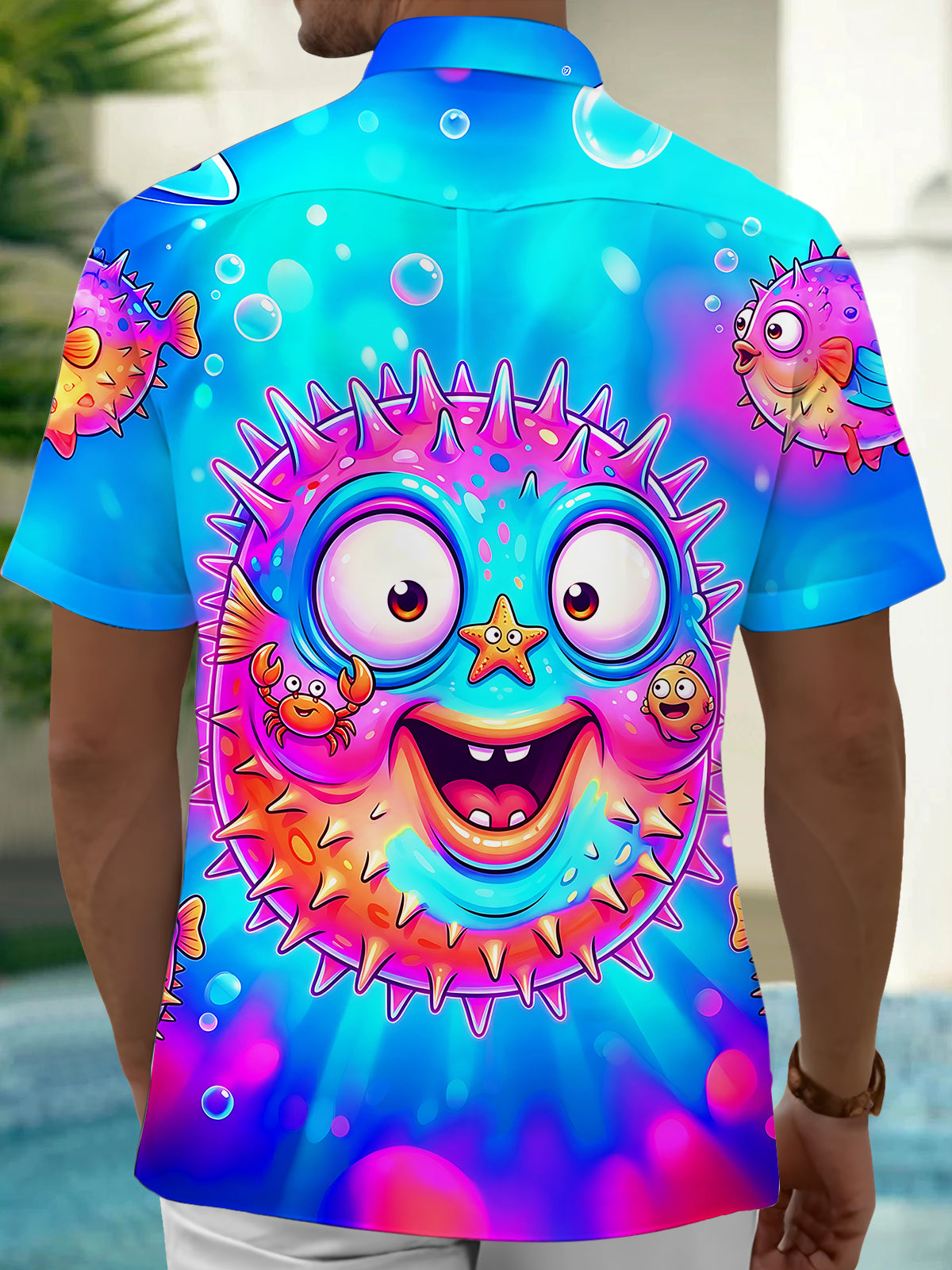 Adaychic Men's Hawaiian Colorful Cartoon Pufferfish Print Short Sleeve Shirt with Chest Pocket