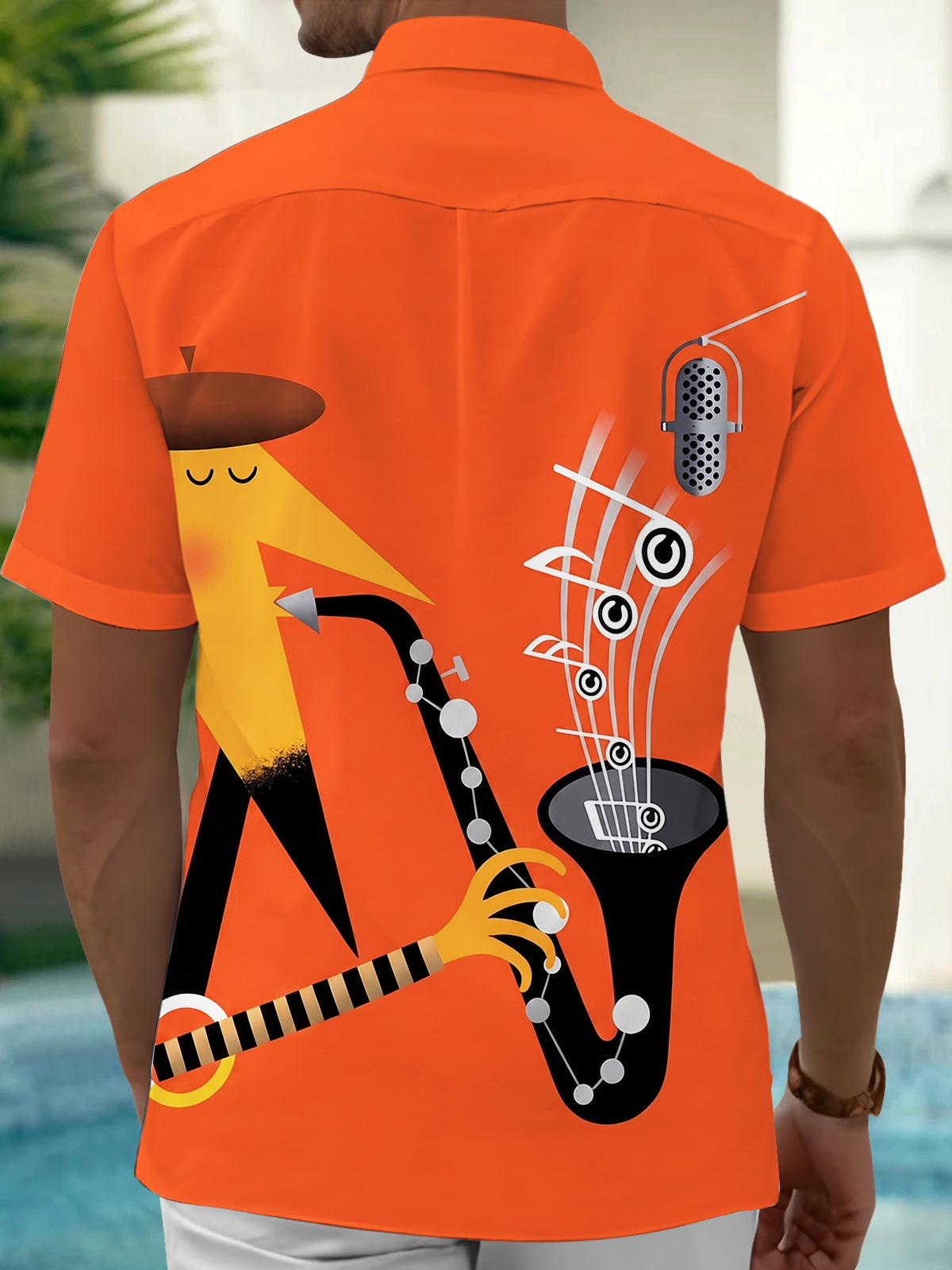 Adaychic Men's Abstract Jazz Saxophone Microphone Graphic Print Short Sleeve Button Down Shirt with Chest Pocket