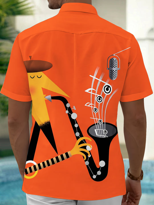 Adaychic Men's Abstract Jazz Saxophone Microphone Graphic Print Short Sleeve Button Down Shirt with Chest Pocket